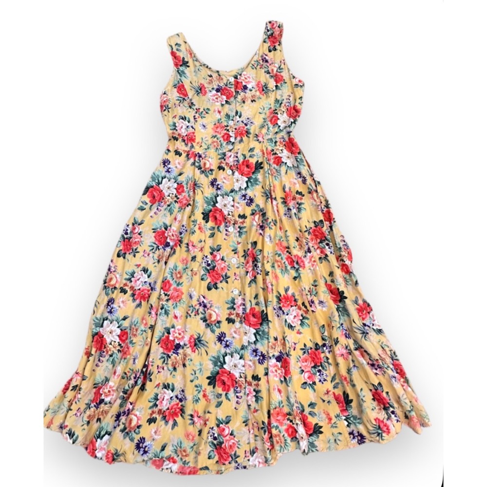 Putumayo New York Vintage Floral Rayon Maxi Dress Yellow Button Front Pockets M